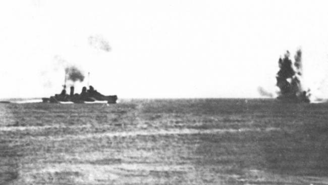 HMAS Hobart under Japanese air attack during the Battle of the Coral Sea. Picture: Royal Australian Navy