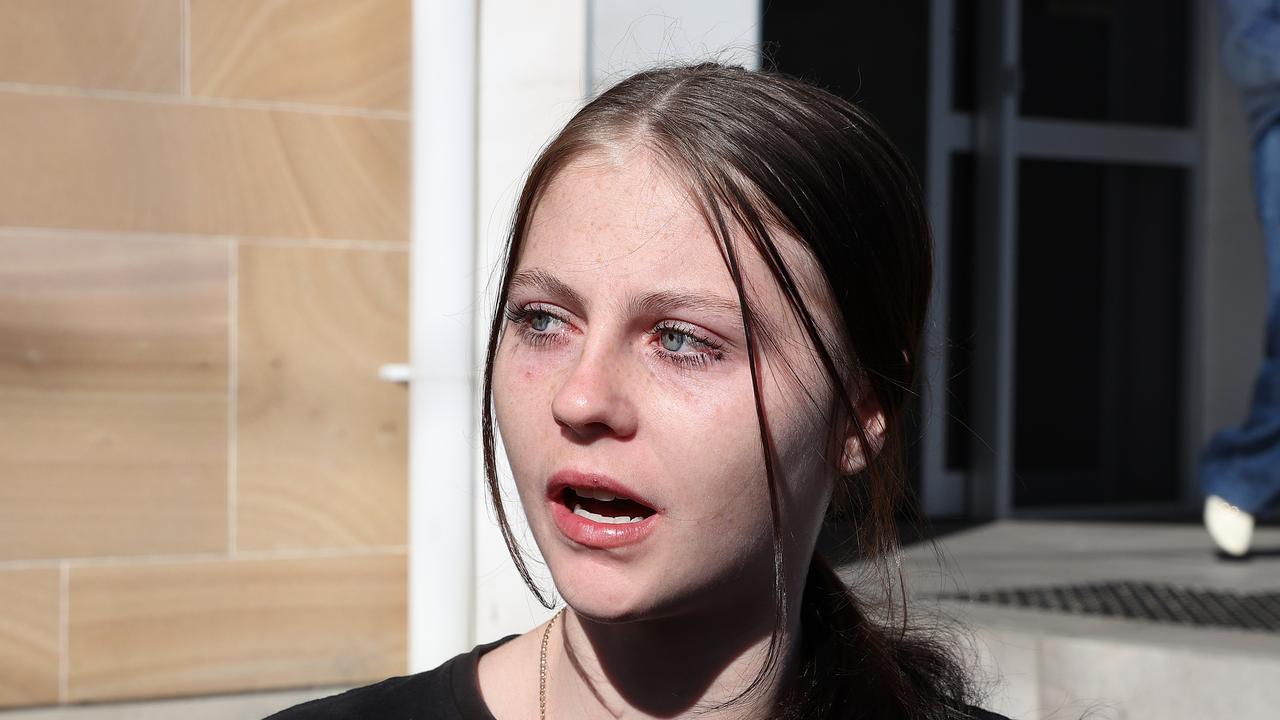 Pheobe Bishops's sister crying outside of Bundaberg Court House after Tanika Bromley and James Wood appeared for the murder of Phoebe Bishop. Picture: Liam Kidston.