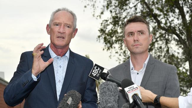 One Nation’s Queensland campaign leader Steve Dickson, left, and Pauline Hanson’s chief of staff James Ashby field questions about the Al Jazeera sting.Picture: AAP 