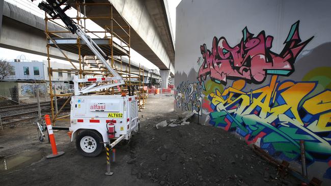 Graffiti on the wall of a building close to the old tracks next to Carnegie railway station. Picture: David Caird