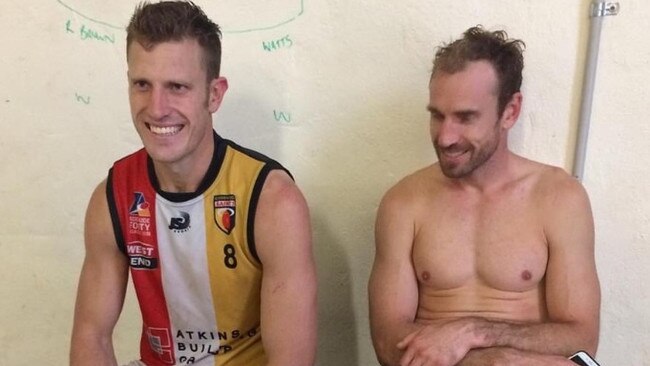 Brothers Travis Tuck (L) and Shane Tuck after they played a game together for Goodwood Saints in 2017. Picture: Suppled