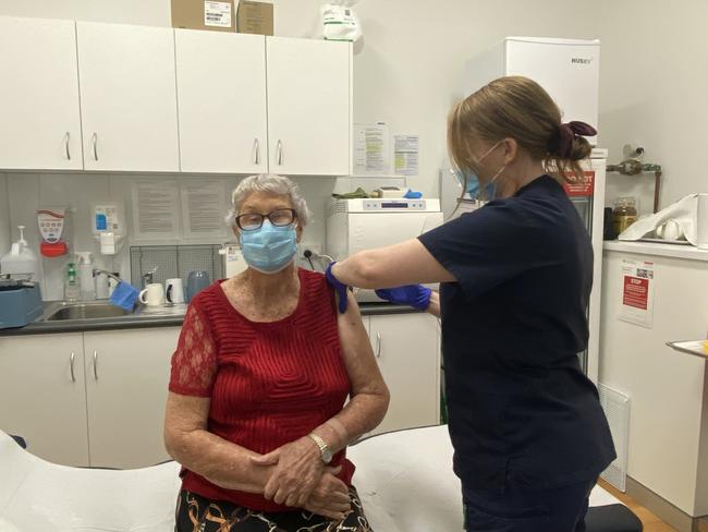 Nurse Samantha Dymock gives Joyce West her Covid vaccine on Friday. Photo: Supplied.