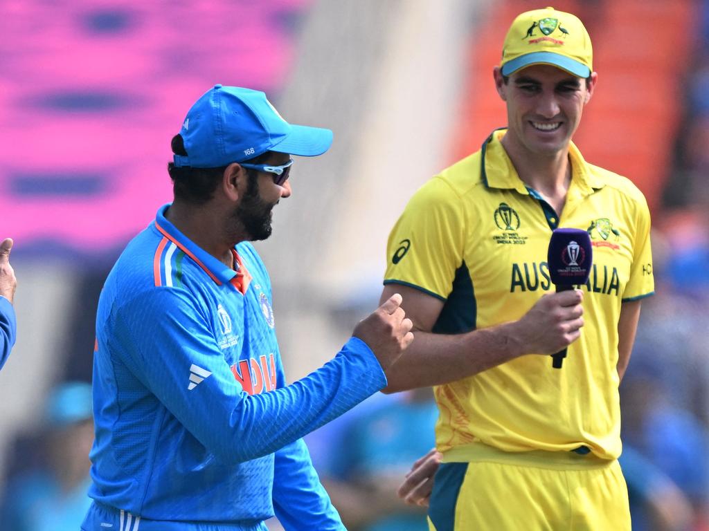 Pat Cummins (R) with Rohit Sharma before the toss. Picture: Sajjad Hussain/AFP