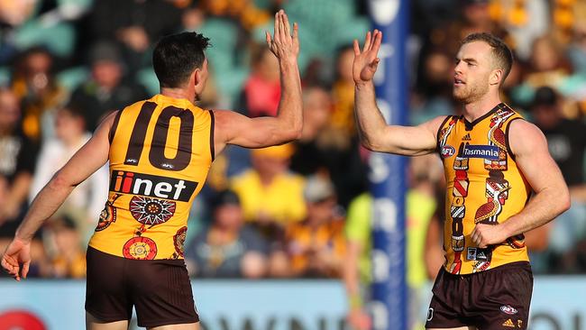 Hawk pair Jaeger O'Meara and Tom Mitchell present an imposing task for the Demons. Picture: Getty Images