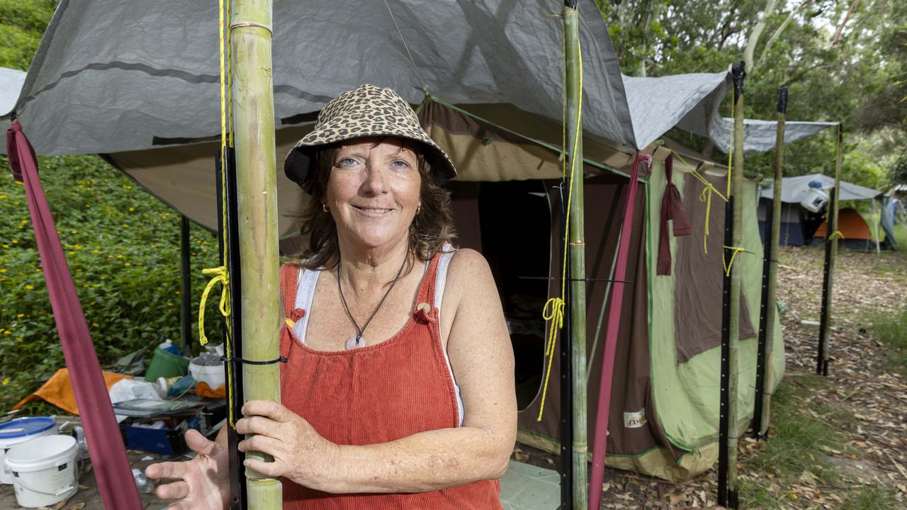 Jaki Rose at her tent at Woody Point. Photo: Richard Walker