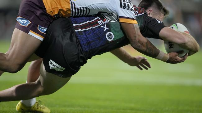 Sailor produced one of the try-saving tackles of the year to deny Rocco Berry. Picture: NRL Imagery.