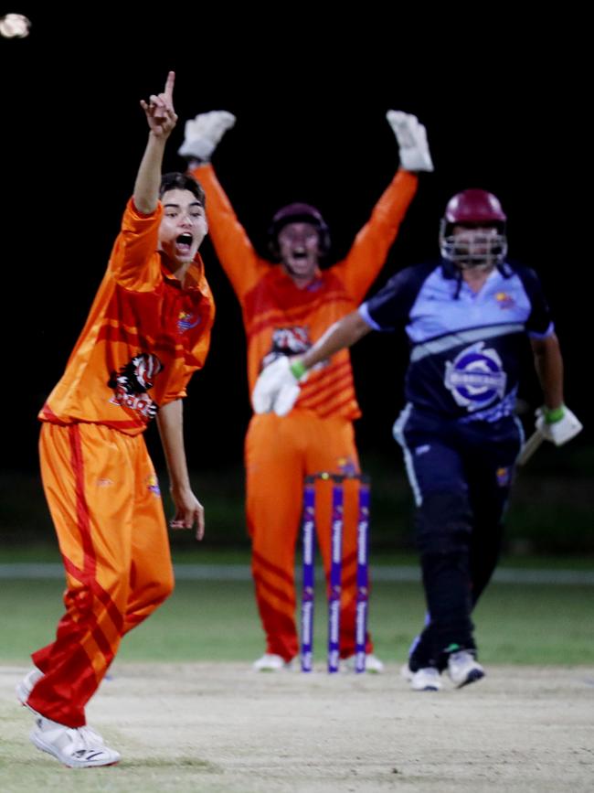 Barrier Reef Big Bash Game 1: Badgers v Hurricanes at Griffiths Park. Badgers bowler Aidan Beanc and keeper Angus Warnock successfully appeal the LBW wicket of Hurricanes' Barry Weare. Picture: Stewart McLean