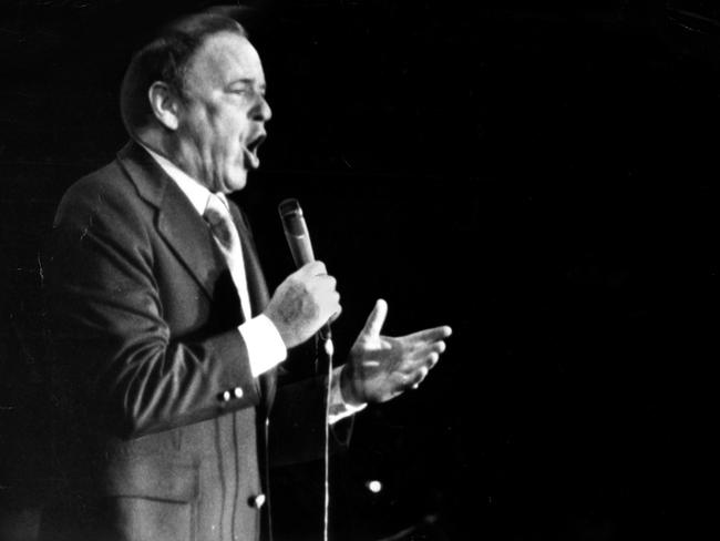 Singer Frank Sinatra on stage during his 1974 tour of Australia.