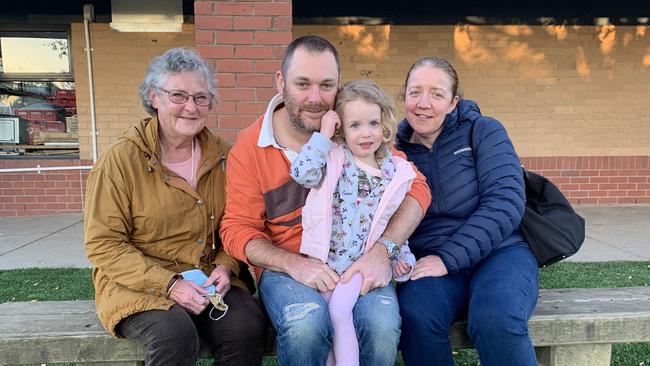 Ringwood grandmother and Greens supporter Linda, with son Andrew, granddaughter Imogen, and daughter-in-law Susan at Great Ryrie Primary School on federal election day 2022. Picture: Kirra Grimes