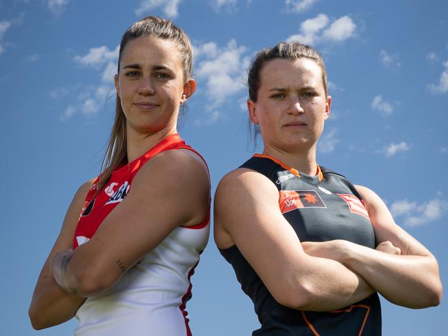 AFL NSW/ACT: Alyce Parker of the GWS Giants and Chloe Molloy of the Sydney Swans meet ahead of round 1 of AFLW August 29, 2023. Giants Stadium, Sydney Olympic Park, NSW, Australia. Photo: Narelle Spangher, AFL NSW/ACT