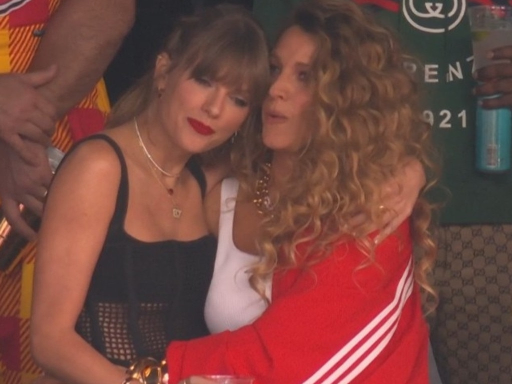 Taylor Swift and Blake Lively, pictured at the 2024 Super Bowl, have been friends for years. Picture: ESPN/Kayo