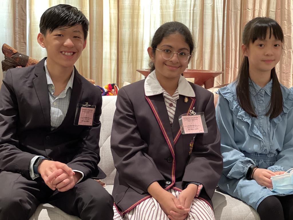 Prime Minister's Spelling Bee 2021 national winners Evan Luc Tran (year 7-8), Theekshitha Karthik (year 5-6) and Arielle Wong (year 3-4).