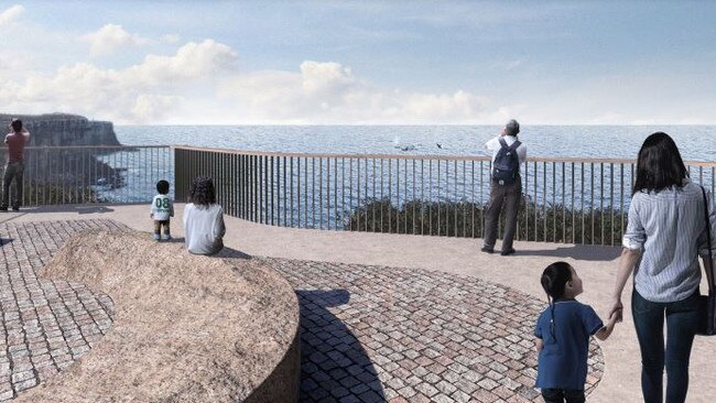 An artist's impression of the proposed "Yiningma" northern lookout, which also looks back on the cliff faces at North Head. Picture: Department of Planning, Industry and Environment