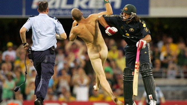 Symonds made world headlines after knocking down a nude streaker in 2008. Picture: Ezra Shaw/Getty Images