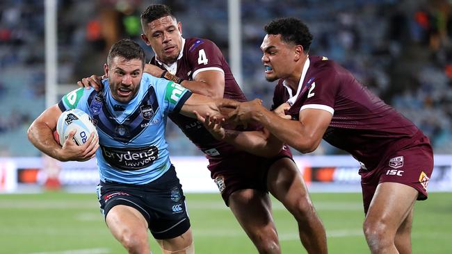 James Tedesco on the charge for the Blues. Picture: Mark Kolbe/Getty Images