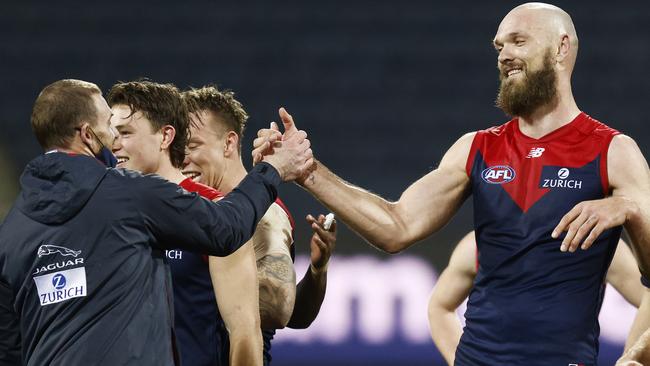 Demons head coach Simon Goodwin and captain Max Gawn are plotting Geelon’ downfall. Picture: Daniel Pockett/Getty Images