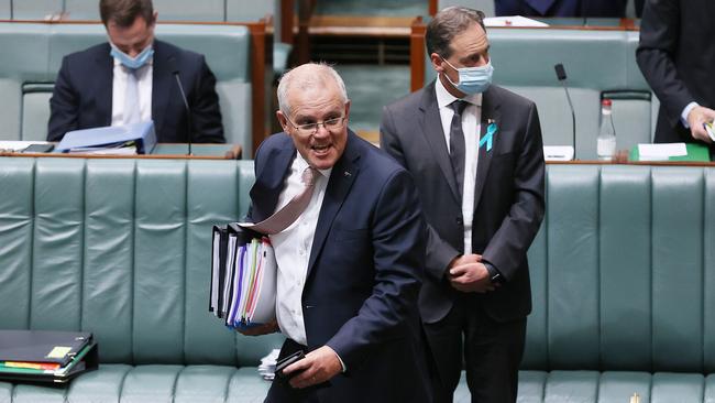 Scott Morrison departs the chamber while still aiming potshots at Anthony Albanese during question time on Wednesday in Parliament House, Canberra. Picture: Gary Ramage