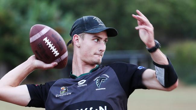 Kris Wilkins trains with his Cairns Falcons teammates. The 2020/21 FNQ Reef Bowl season begins this Saturday, when the Cairns Falcons take on the Townsville Chargers at Vico Oval, Mooroobool. Picture: Brendan Radke