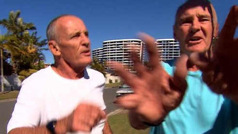 Paul Dawson, left, as twin brother Chris clashes with a TV crew on the Gold Coast: Picture: A Current Affair.