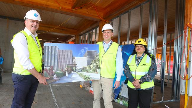 James Cook University vice chancellor professor Simon Biggs with IMS chief executive Stefan Antoniou and Cairns and Hinterland Hospital and Health Service chief executive Leena Singh at the announcement of a new private hospital for Cairns. Picture: Peter Carruthers