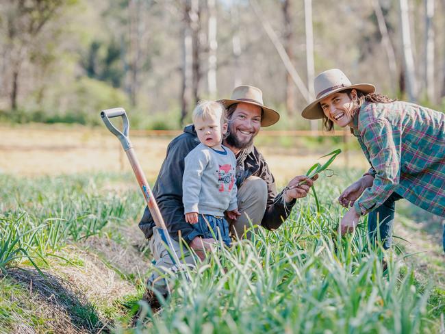 Justine Ward, Brett Dawson and their son Noah Dawson of Waterholes Garlic at Clifton Creek. They are pictured in their paddock with Australian Red Garlic (Hard neck variety). Picture: Laura Ferguson.