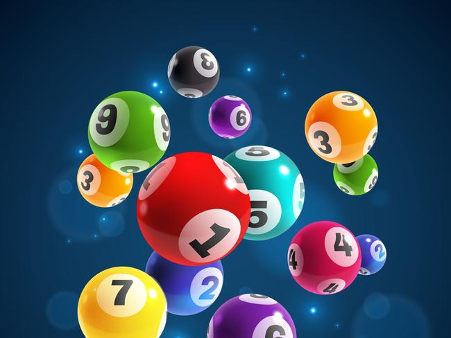 Lottery numbers. Flying realistic drawing lottery or billiard balls, lucky accidental win, instant jackpot internet gambling, lotto bingo vector concept on dark background