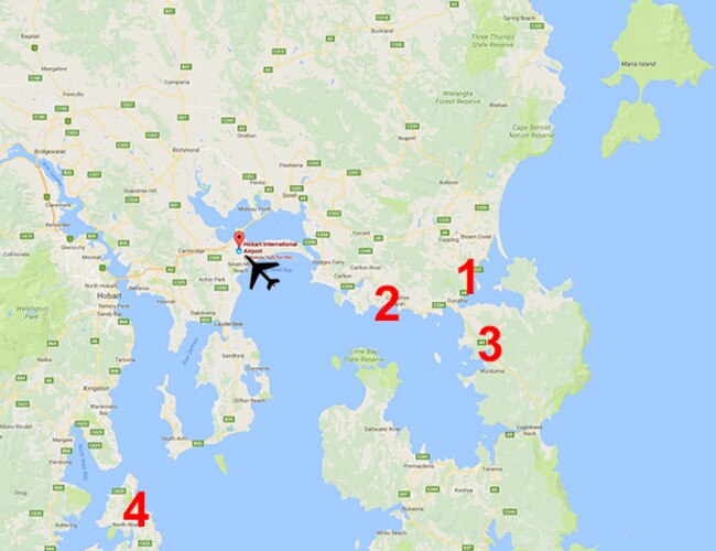 A map showing the areas of possible new flight paths into Hobart Airport.