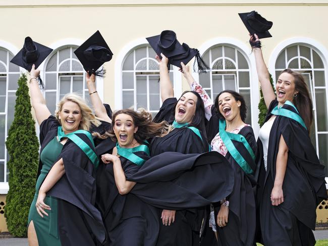 Nursing Graduates (L-R) Madeleine Westcott, Jorja Howell, Rachel Killworth, Meg Lockley and Shenae McCarthy at the UTAS Graduation at Launceston. PICTURE CHRIS KIDD