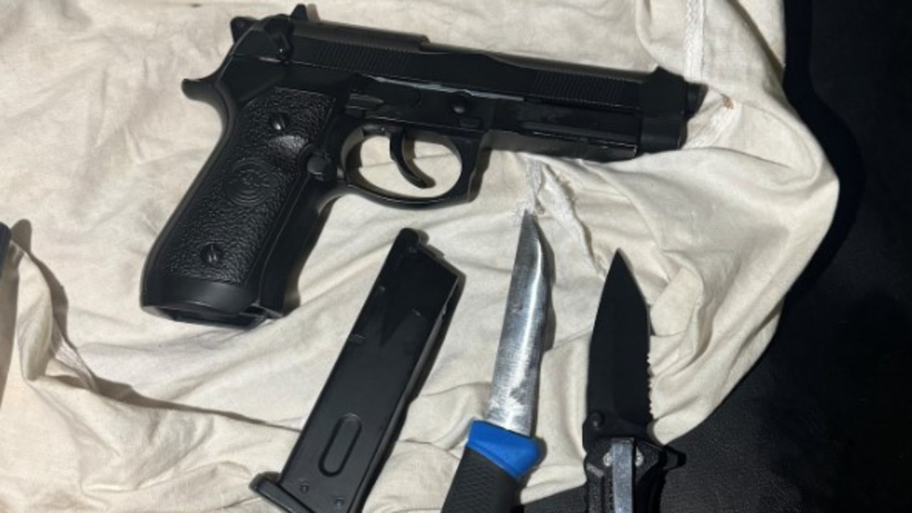 A search of the vehicle uncovered two knives — one being a prohibited flick knife — and a gel blaster pistol. Picture: The Hills Police Area Command