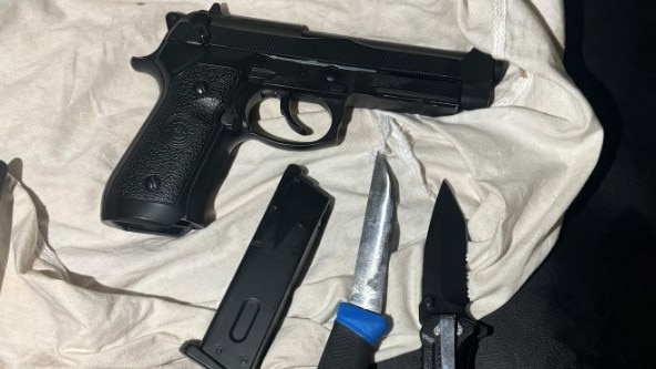 A search of the vehicle uncovered two knives — one being a prohibited flick knife — and a gel blaster pistol. Picture: The Hills Police Area Command