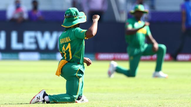 Temba Bavuma takes the knee ahead of the ICC Men's T20 World Cup match between South Africa and West Indies at Dubai International Stadium on Tuesday. Picture: Getty Images