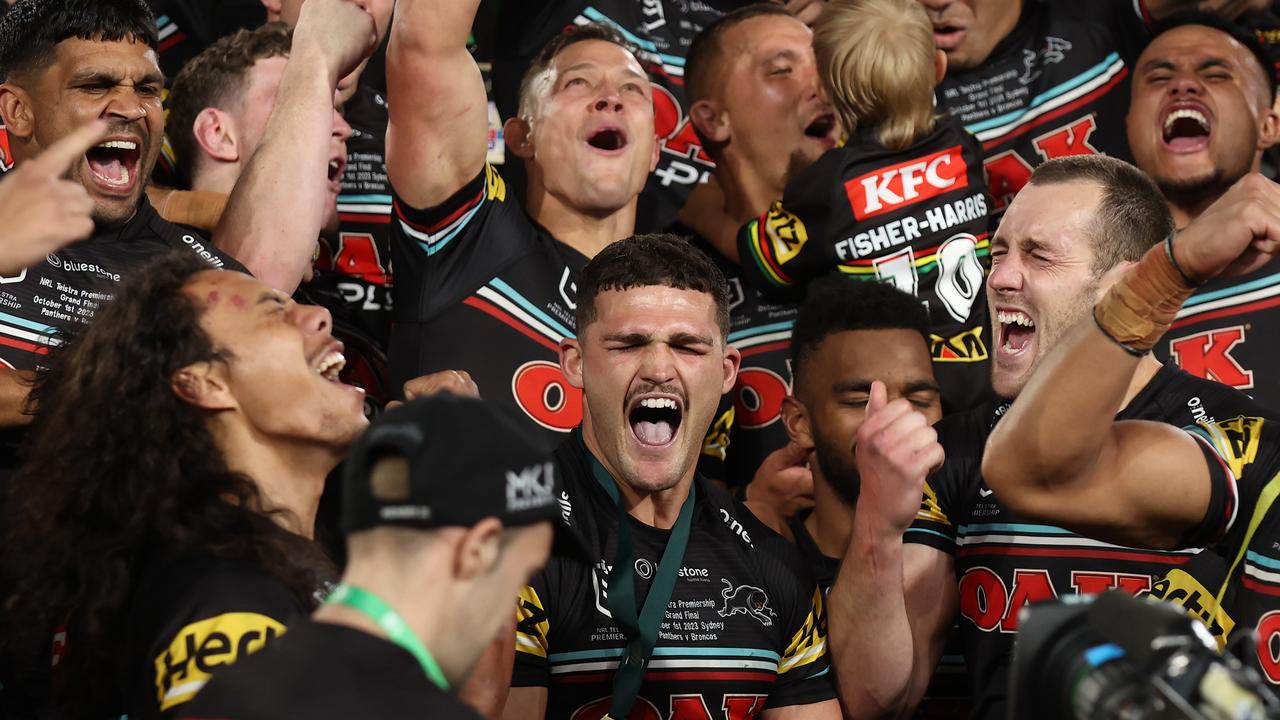 SYDNEY, AUSTRALIA – OCTOBER 01: Nathan Cleary of the Panthers sings the team song with teammates after winning the 2023 NRL Grand Final match between Penrith Panthers and Brisbane Broncos at Accor Stadium on October 01, 2023 in Sydney, Australia. (Photo by Matt King/Getty Images)