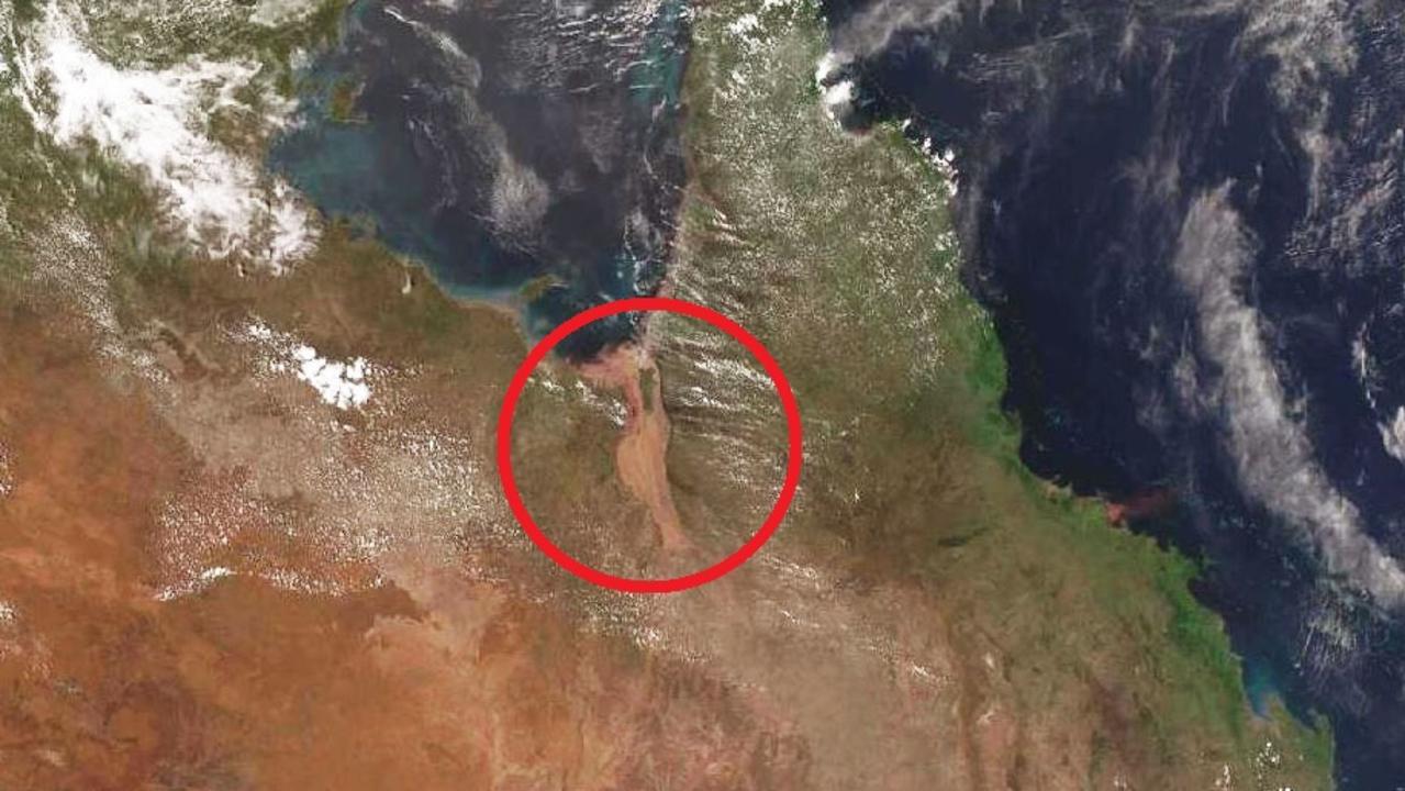 Satellite imagery from the Bureau of Meteorology clearly shows the vast muddy area that is the engorged Flinders River. It’s so wide it has enveloped other nearby rivers. 