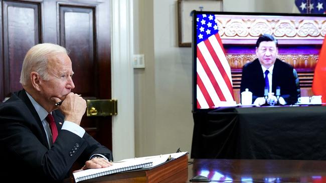 US President Joe Biden meets with China's President Xi Jinping during a virtual summit from the Roosevelt Room of the White House in Washington, DC. Picture: AFP