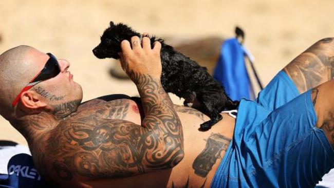 Gangs squad have used conventional methods to investigate bikie gangsters like executed Rebels thug Ricky Ciano (above) sunning himself on the beach with his pet dog Boo Boo.