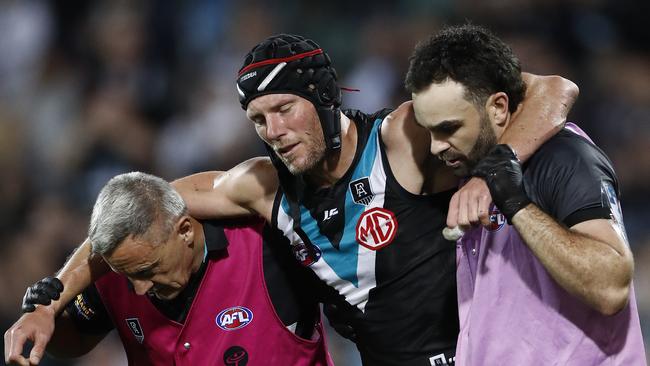 Brad Ebert is taken from the ground after suffering a concussion in 2020. Picture: Ryan Pierse/Getty Images