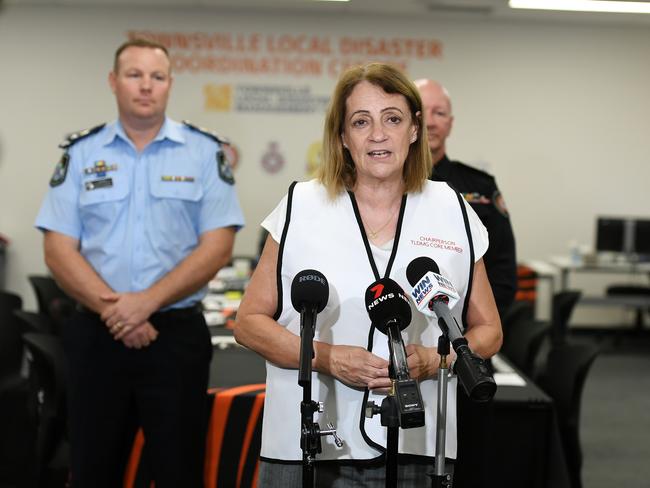 Townsville Mayor Jenny Hill talks to the media at The Local Disaster Coordination Centre. Picture: Shae Beplate.