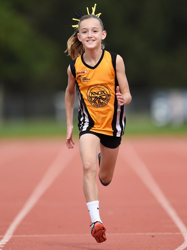 Sienna on the track with the Knox Little Athletics Club. Picture: Steve Tanner