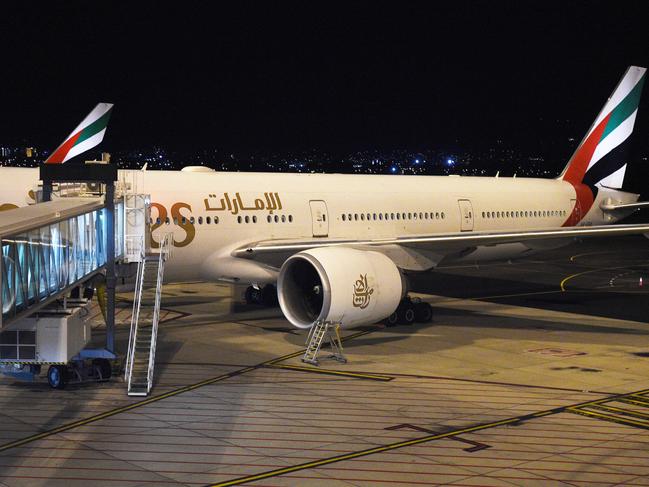 7/9/16 Emirates flight diverted to Adelaide due to engine problem. The Emirates plane at Adelaide Airport. Picture Roger Wyman