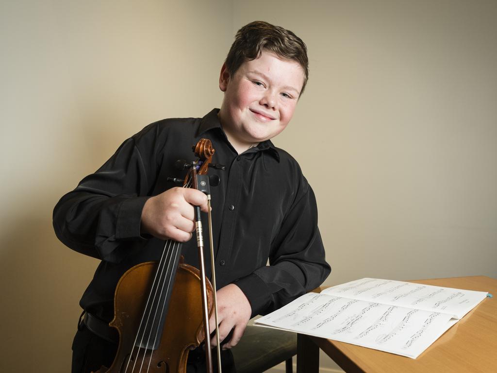 Lachlan Elsworth before competing in a Violin or Viola Solo section of the 77th City of Toowoomba Eisteddfod at Empire Theatres, Thursday, July 27, 2023. Picture: Kevin Farmer