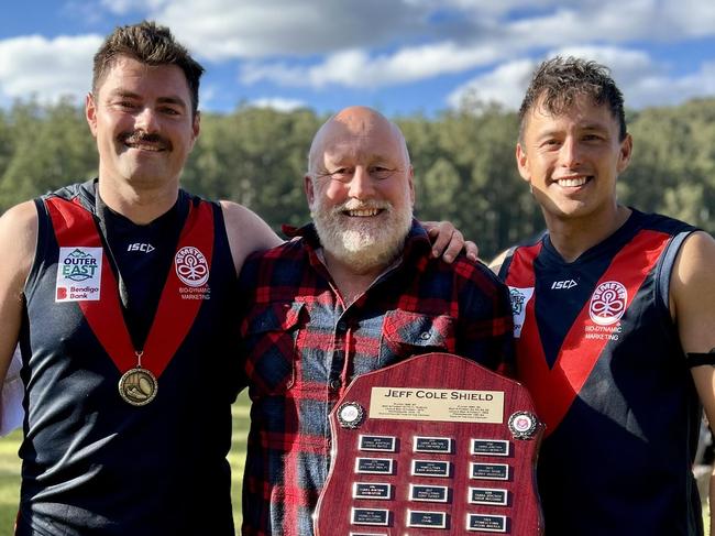 Josh Cowan, Jeff Cole and Ryan Handley after Powelltown beat Yarra Junction on Saturday. Picture: Facebook