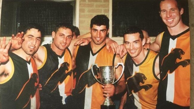 (From left) Joe Amad, Anthony Lekkas, Matt Amad, Gerard Bevan and Brett Jeffery played in all four of Northcote Park's consecutive premierships. Picture: Supplied