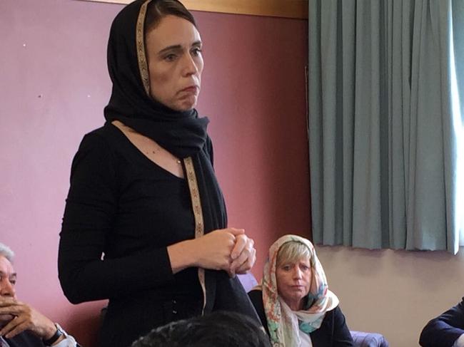 Jacinda Ardern speaking to representatives of the Muslim community at the Canterbury refugee centre. Picture: NEW ZEALAND HERALD/ LUCY BENNETT