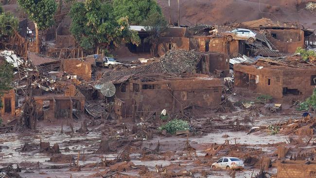 The village of Bento Rodrigues near Mariana in November 2015 after the collapse of a tailings dam at a mine owned by Samarco. Picture: AFP