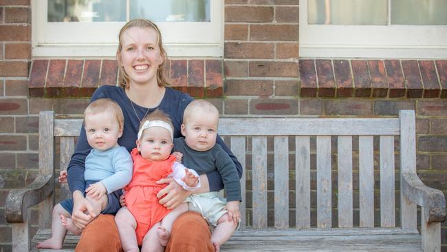 The Australian Multiple Births Association’s Silje Andersen-Cooke and her triplets. AMBA is calling for a statewide approach to class placement of Kindergarten twins. Picture: Ricardo Figueredo Ocho