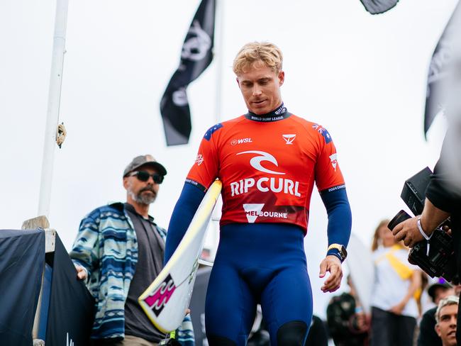 Ethan Ewing of Australia prior to surfing in Heat 2 of the Quarterfinals at the Rip Curl Pro Bells Beach on March 31, 2024 at Bells Beach, Victoria, Australia. Picture: Ed Sloane/World Surf League.