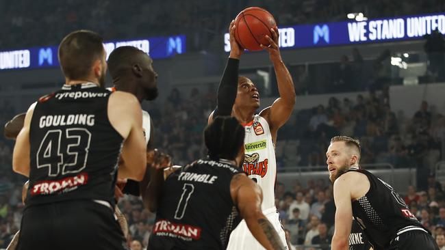 MELBOURNE, AUSTRALIA – FEBRUARY 13: Scott Machado of the Taipans shoots under pressure during the round 20 NBL match between Melbourne United and the Cairns Taipans at Melbourne Arena on February 13, 2020 in Melbourne, Australia. (Photo by Daniel Pockett/Getty Images)