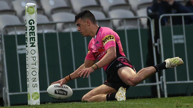 Penrith’s Charlie Staines scores his fourth try in his NRL debut on the weekend. Picture: Phil Hillyard