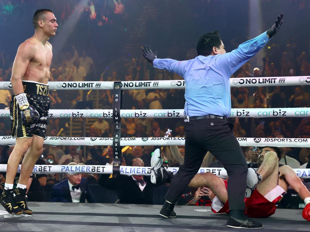 Carlos Ocampo falls to the ground after being punched by Tim Tszyu during the WBO Iterim Super-Welterwight title bout at Gold Coast Convention and Entertainment Centre. Picture: Chris Hyde/Getty Images.