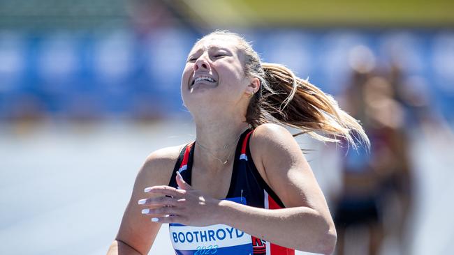 Ivy Boothroyd of Endeavour Sports High School gets emotional after completing her comeback with a win after six months off following a stress fracture. Picture: Julian Andrews